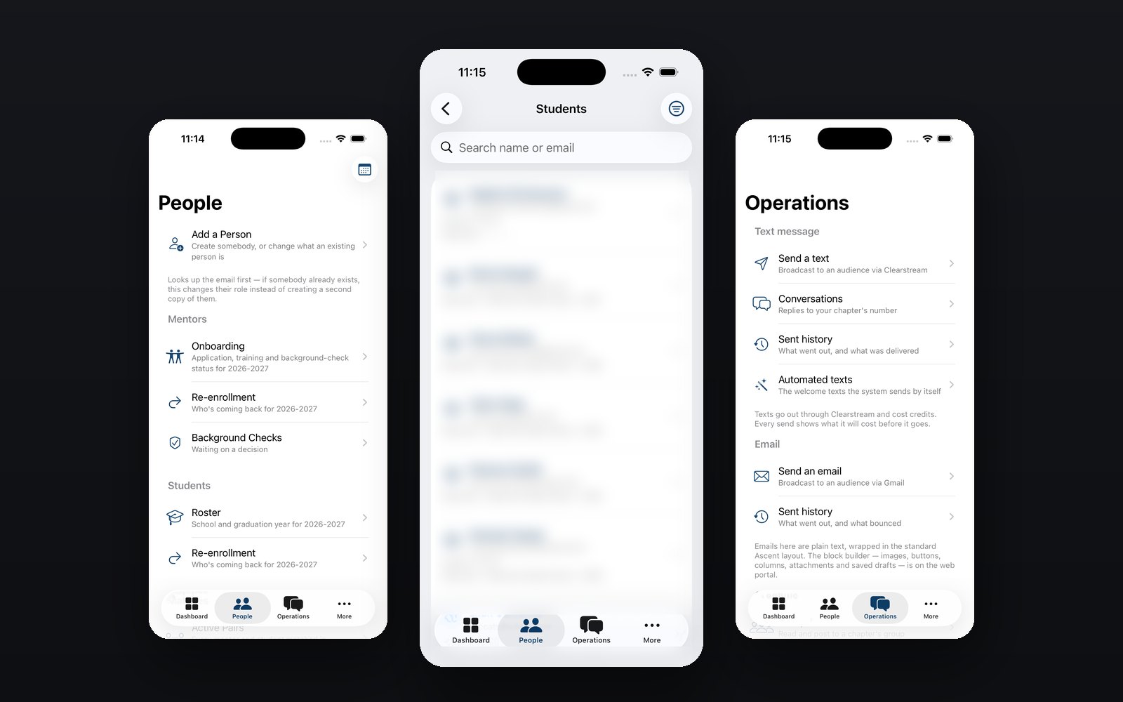 Three iPhone screens from the admin side of the app: a People screen for adding someone and reaching onboarding, re-enrollment and background checks, a student roster with every record obscured, and an Operations screen for texts and email broadcasts