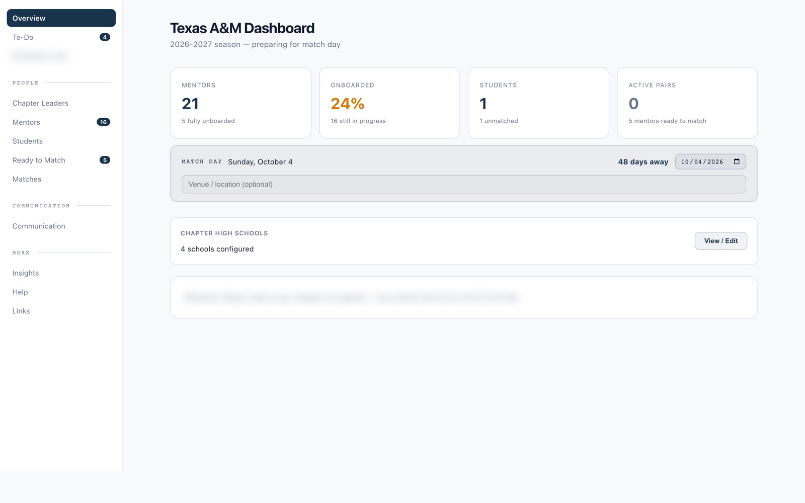 Chapter leader dashboard for the Texas A&M chapter: stat cards for mentors, percentage onboarded, students and active pairs, a match-day countdown, and a chapter high schools panel