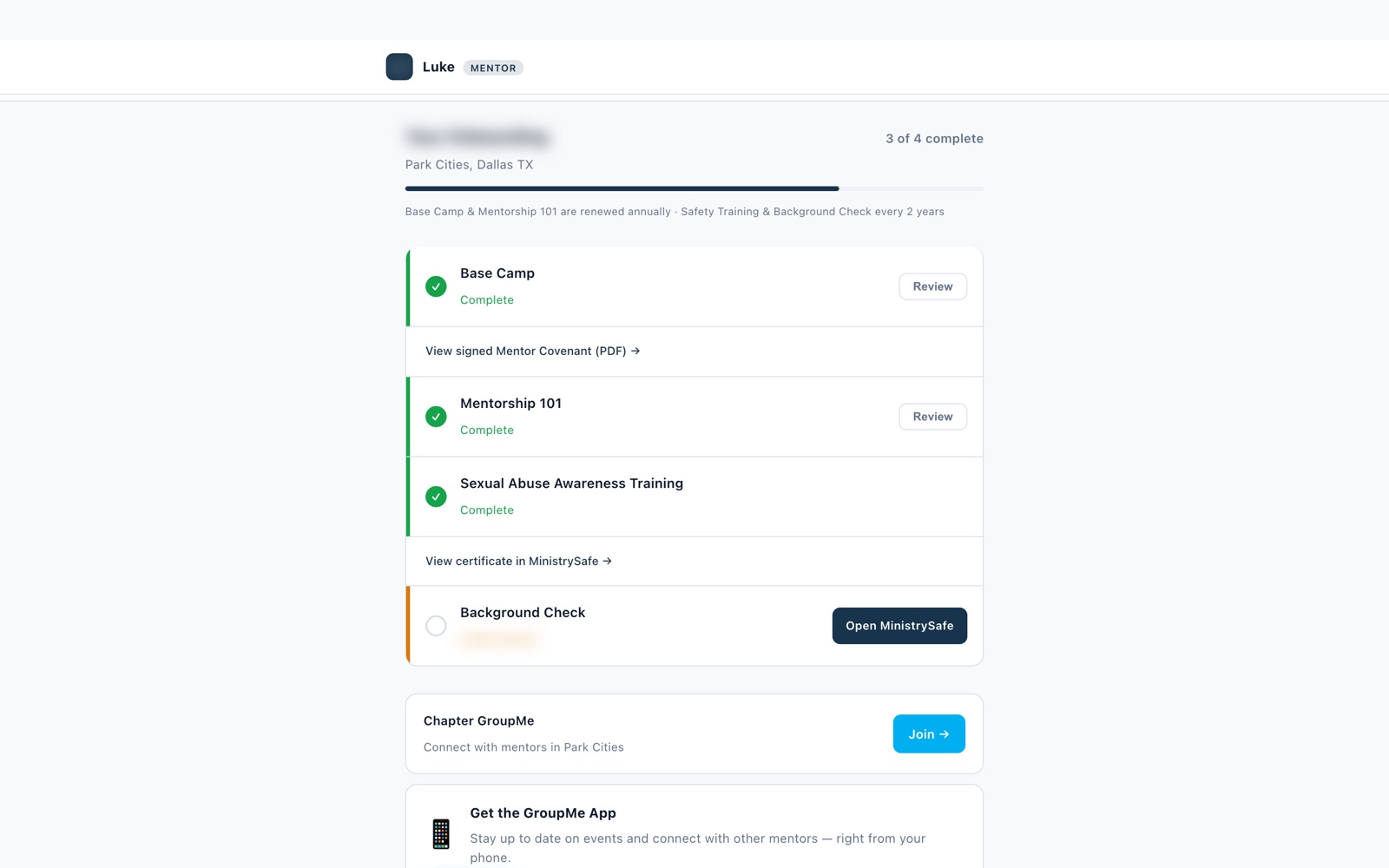 Mentor portal showing an onboarding checklist: Base Camp complete, Mentorship 101 complete, Sexual Abuse Awareness Training complete, and Background Check outstanding, plus a chapter GroupMe card