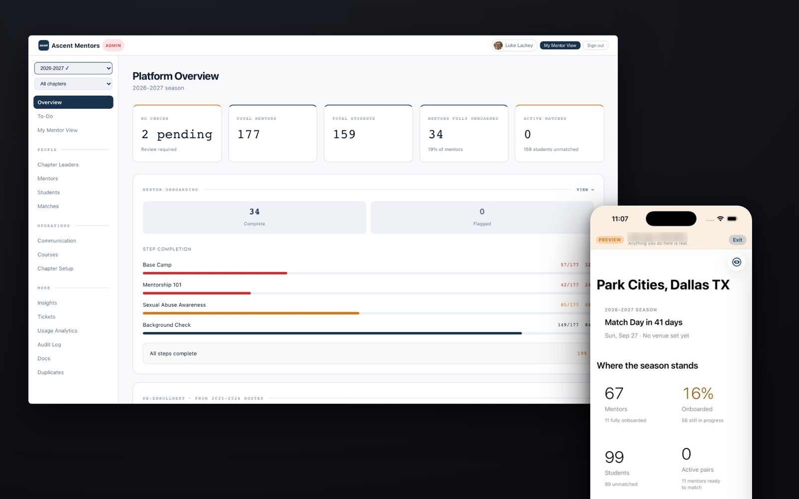 The Ascent Basecamp admin dashboard on the web, with a chapter leader&rsquo;s iPhone screen standing in front of it showing the countdown to Match Day and the season&rsquo;s totals