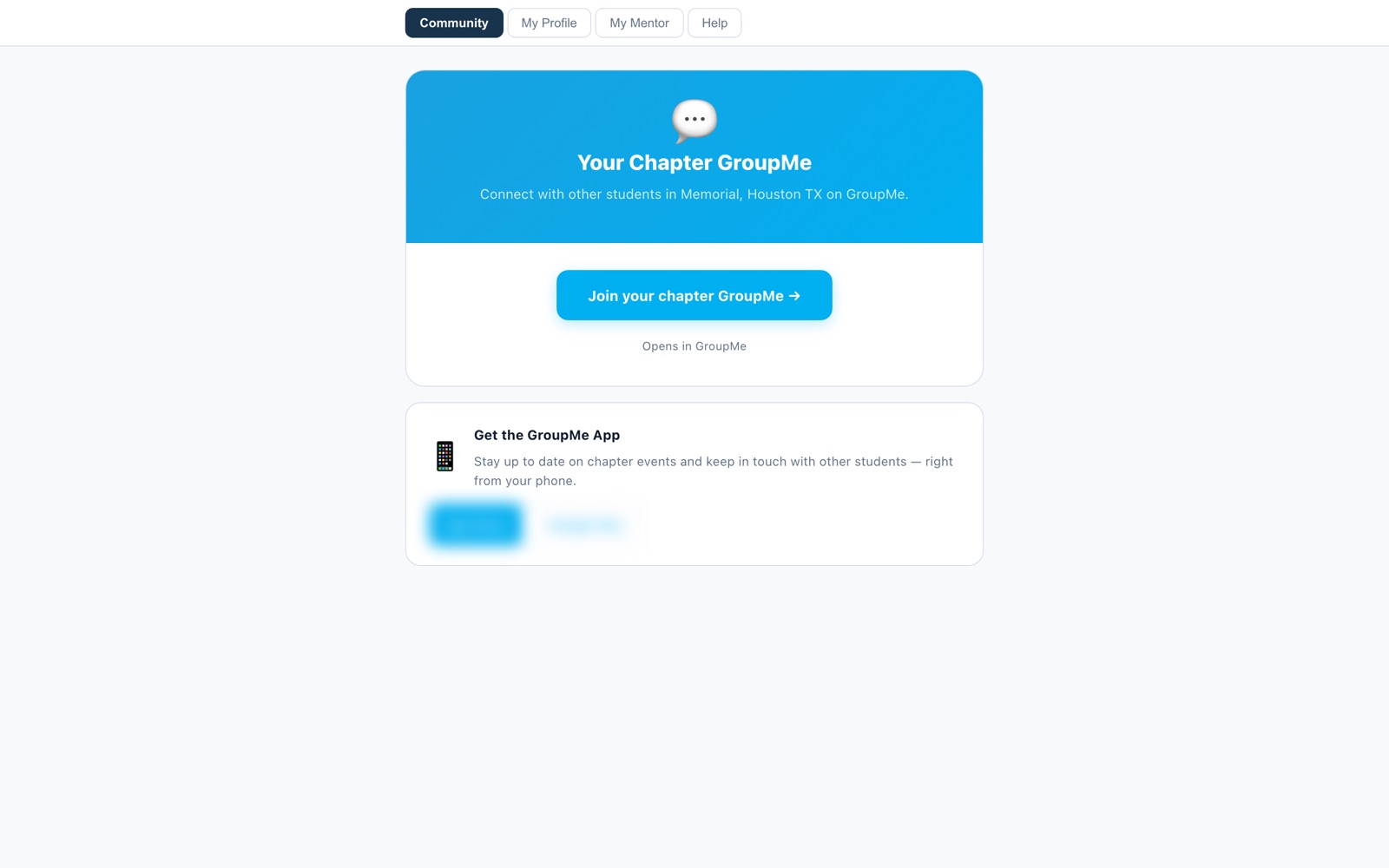 Student portal with four tabs — Community, My Profile, My Mentor, Help — showing a chapter GroupMe join card