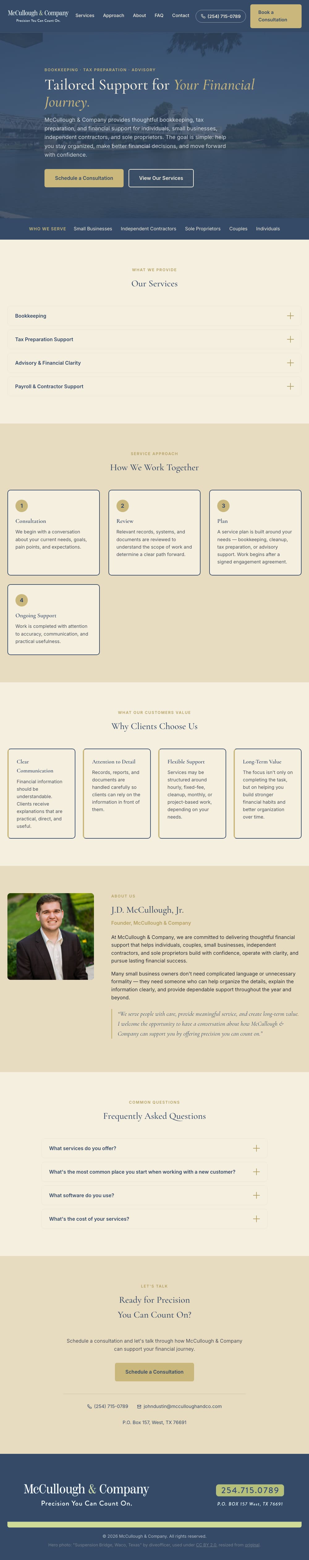 Full-page view of the McCullough & Company site: the navy hero, a cream services accordion, a four-step &lsquo;How We Work Together&rsquo; sequence in gold-numbered cards, four value cards, an about section with the founder's headshot and a pull quote, an FAQ accordion, a contact block, and a navy footer