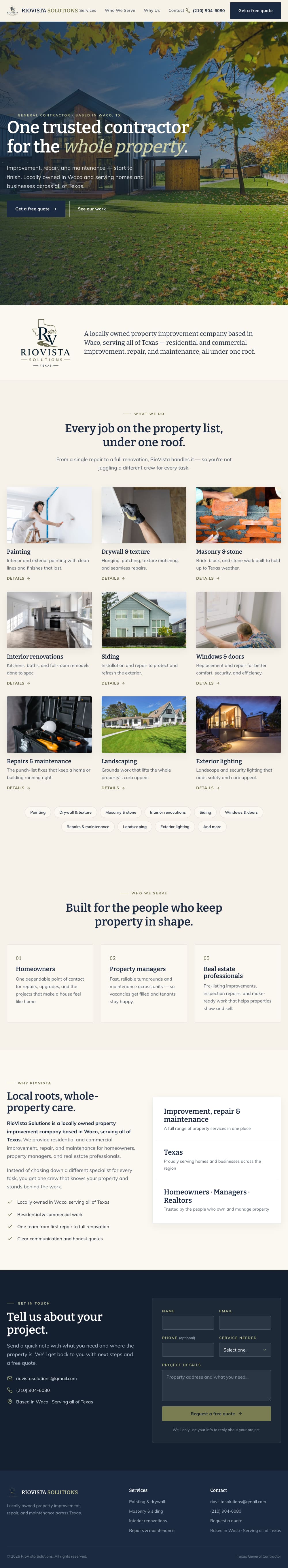 Full-page view of the Rio Vista Solutions site showing the hero, an introduction band with the company logo, service sections, a dark navy contact section, and the footer